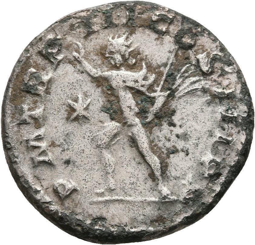 RIC IV Elagabalus 28b Elagabalus reverse, Sol, radiate, naked except for cloak over left shoulder, standing left, raising ...