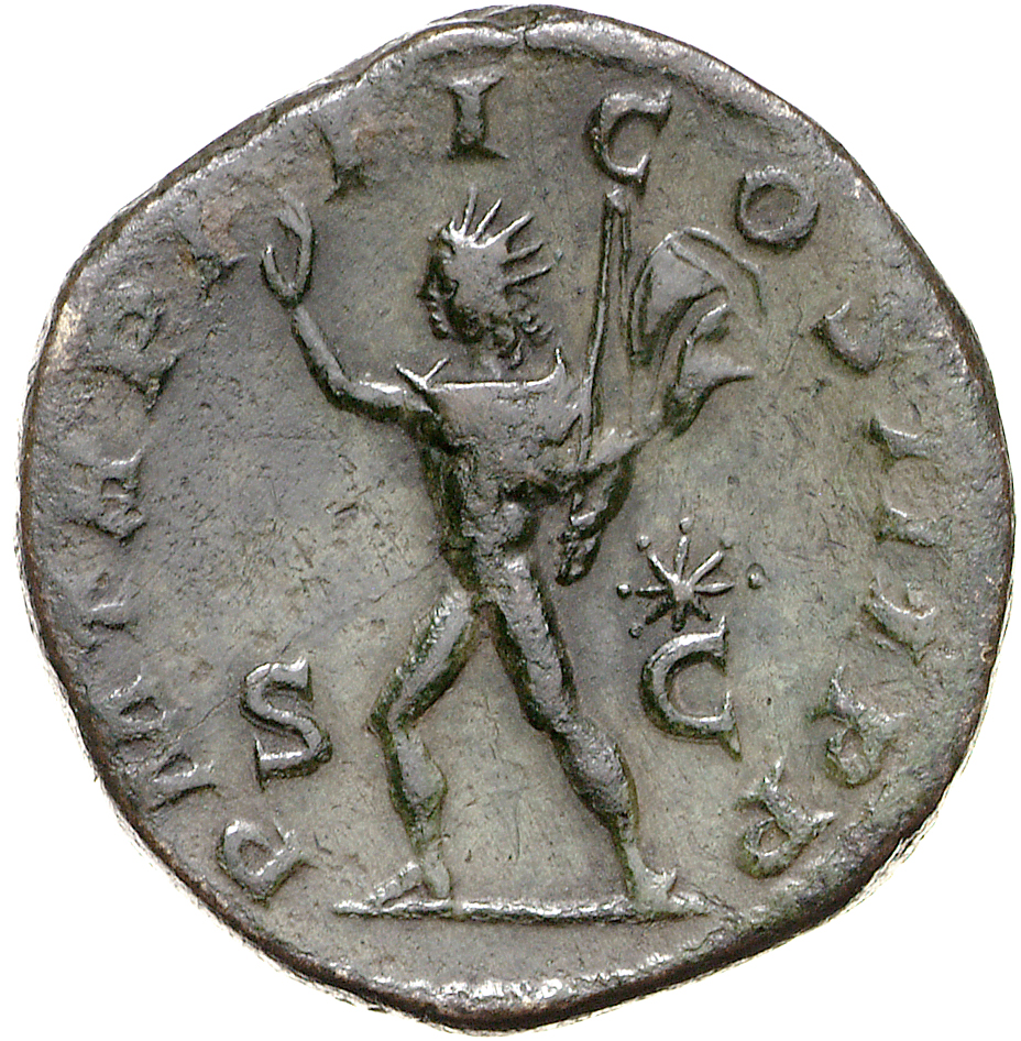 RIC IV Elagabalus 300d Elagabalus reverse, Sol, radiate, naked except for cloak over left shoulder, advancing left, raisin...