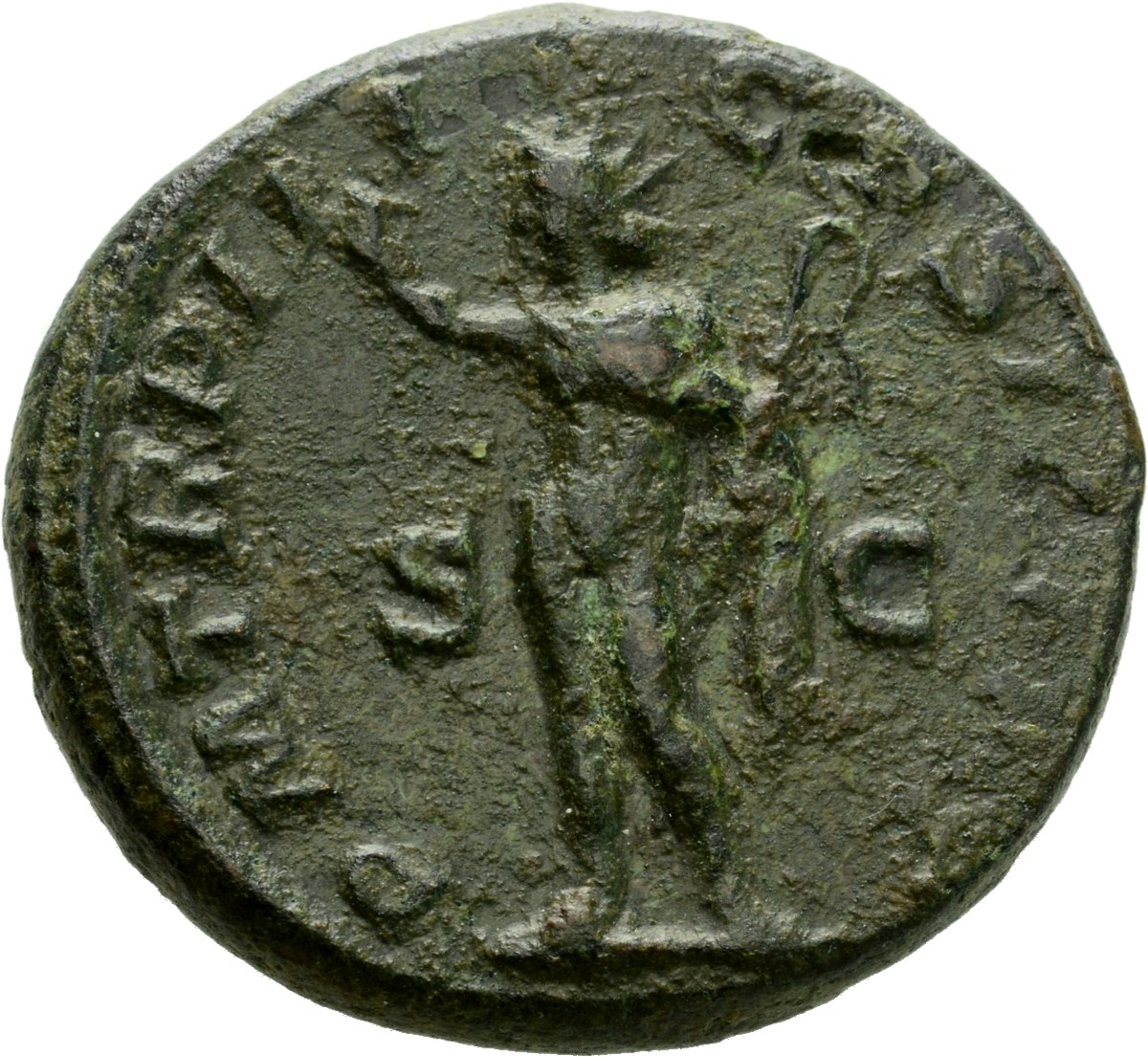 RIC IV Elagabalus 303 Elagabalus reverse, Sol, radiate, naked except for cloak over left shoulder, standing left, raising ...