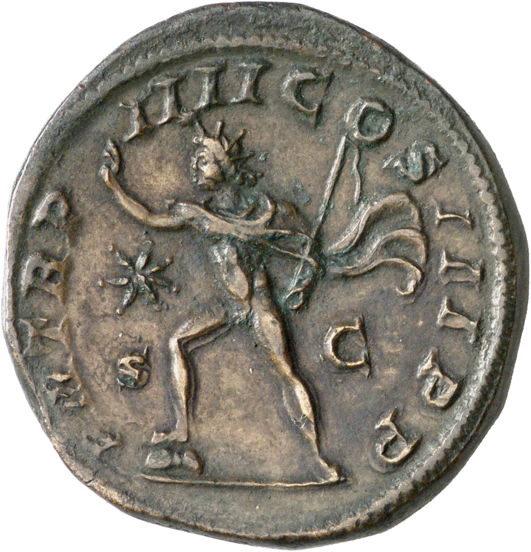 RIC IV Elagabalus 318d Elagabalus reverse, Sol, radiate, naked except for cloak over left shoulder, advancing left, raisin...