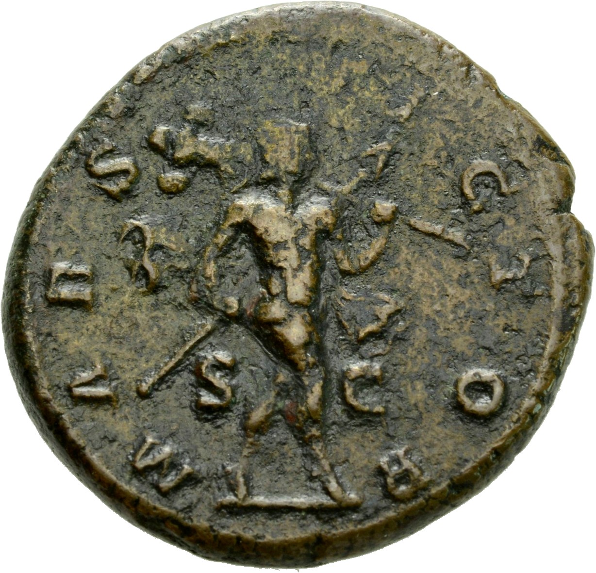RIC IV Elagabalus 364b Elagabalus reverse, Mars, helmeted, naked except for flowing cloak, advancing right, holding transv...
