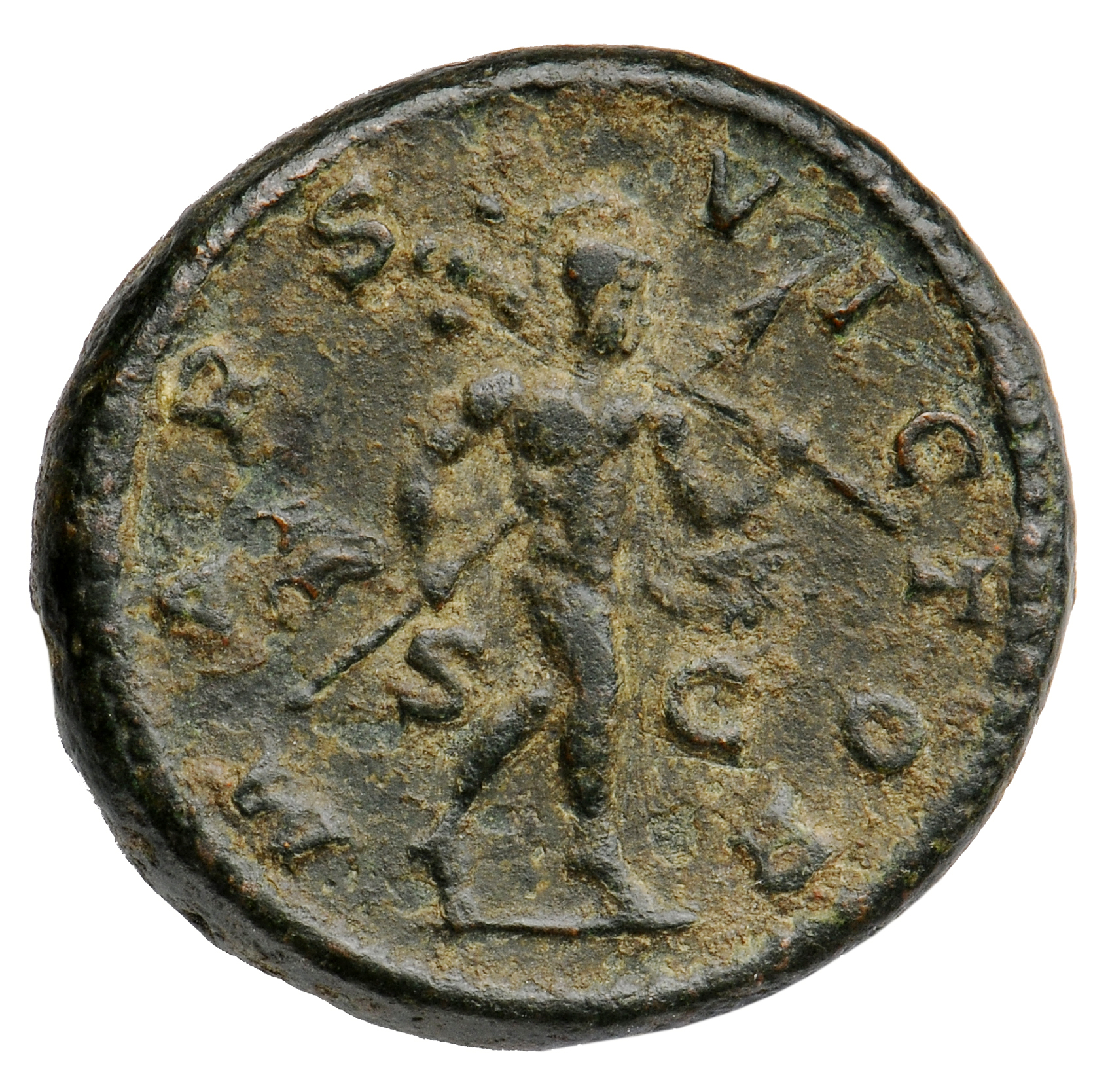 RIC IV Elagabalus 364d Elagabalus reverse, Mars, helmeted, naked except for flowing cloak, advancing right, holding transv...