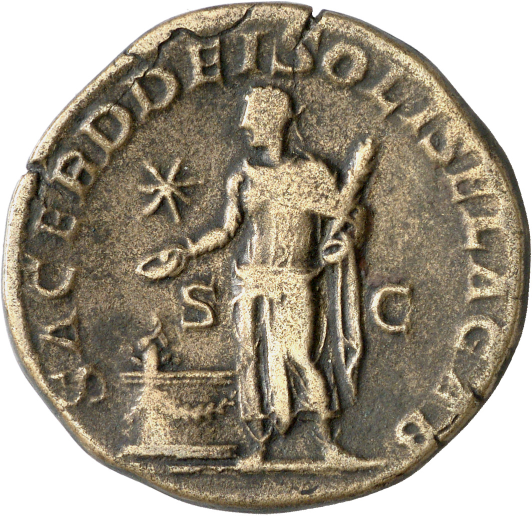 RIC IV Elagabalus 369 Elagabalus reverse, Elagabalus, in Syrian priestly robes, standing left, sacrificing out of patera i...