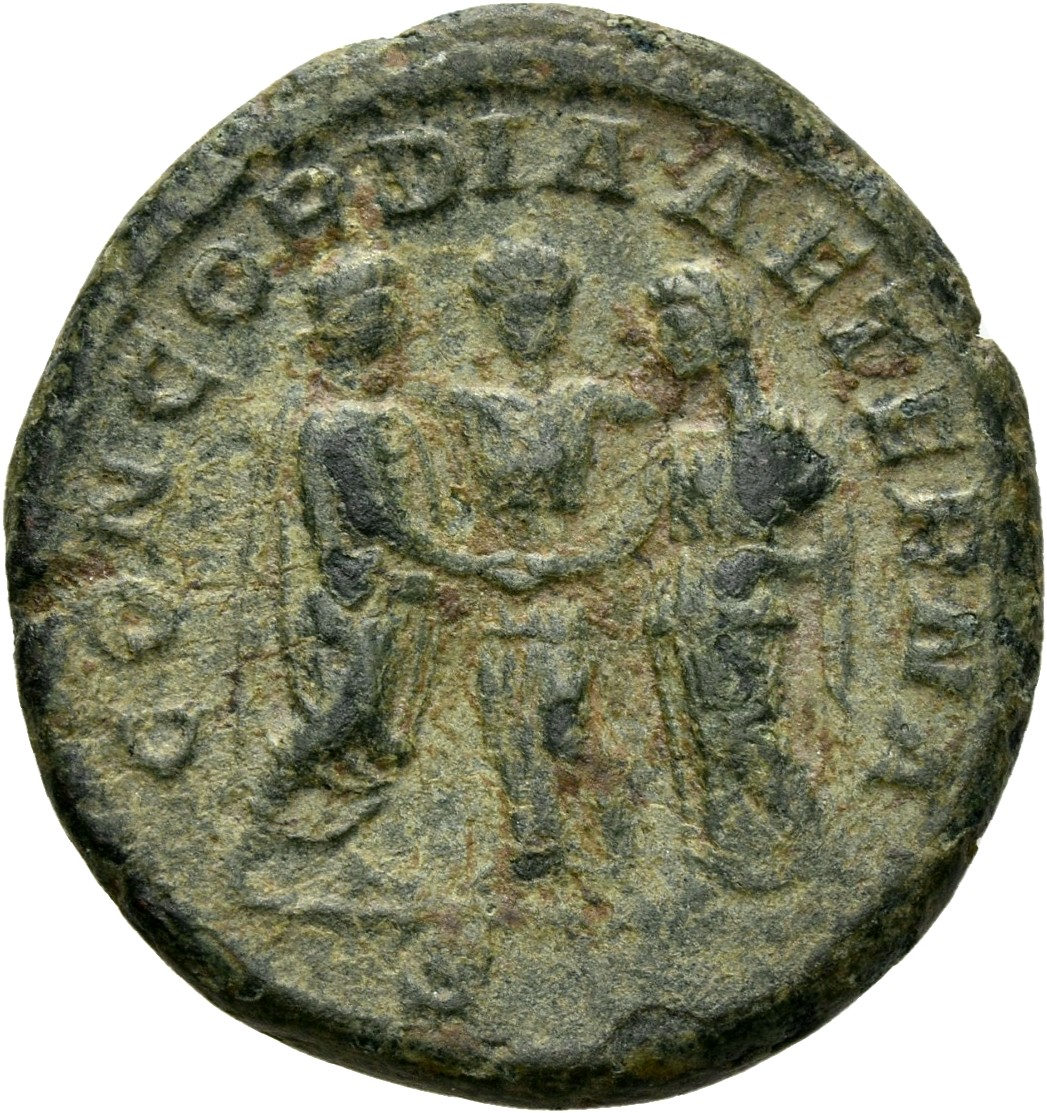 RIC IV Elagabalus 387 Elagabalus reverse, Elagabalus, togate, and Julia Paula, draped, standing right and left, facing eac...
