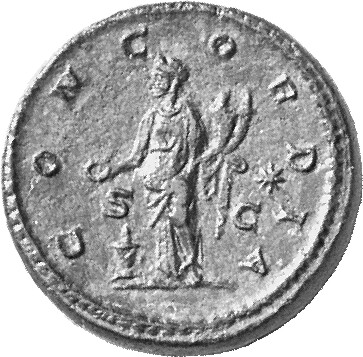 RIC IV Elagabalus 391 Elagabalus reverse, Concordia, draped, standing left, sacrificing out of patera in right hand over l...