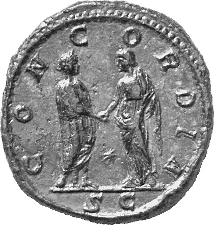 RIC IV Elagabalus 399 Elagabalus reverse, Elagabalus, togate, and Annia Faustina, draped, standing right and left, facing ...