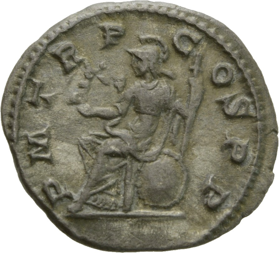 RIC IV Elagabalus 3b Elagabalus reverse, Roma, helmeted, draped, seated left, holding Victory in extended right hand and s...