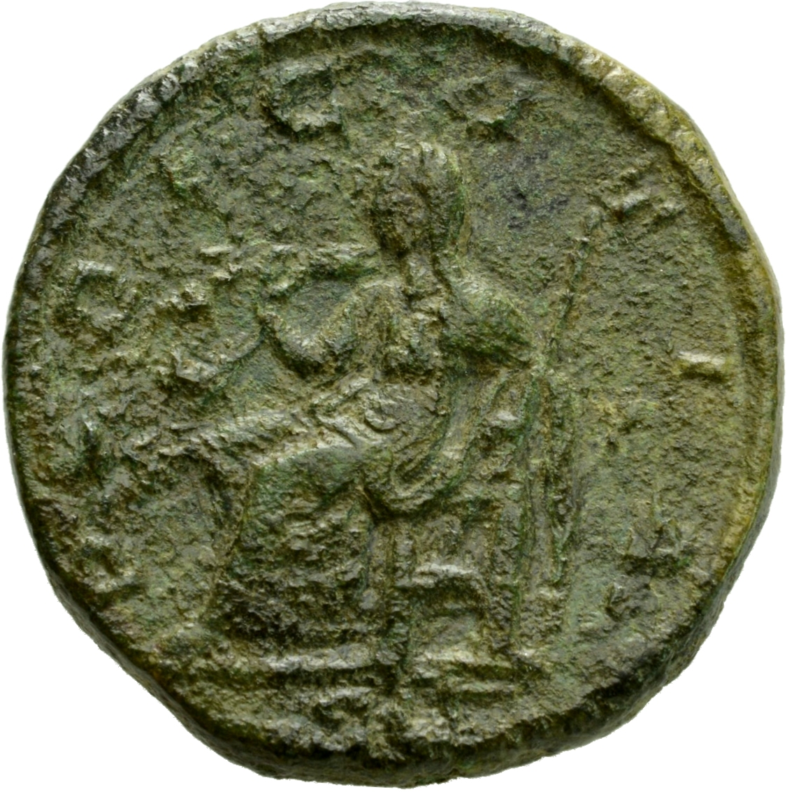 RIC IV Elagabalus 418 Elagabalus reverse, Pudicitia, draped, seated left, drawing veil over face with right hand and holdi...