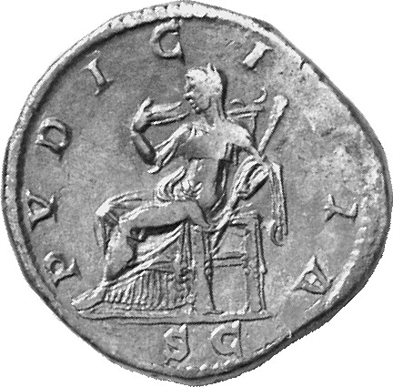 RIC IV Elagabalus 420 Elagabalus reverse, Pudicitia, draped, seated left, drawing veil over face with right hand and holdi...