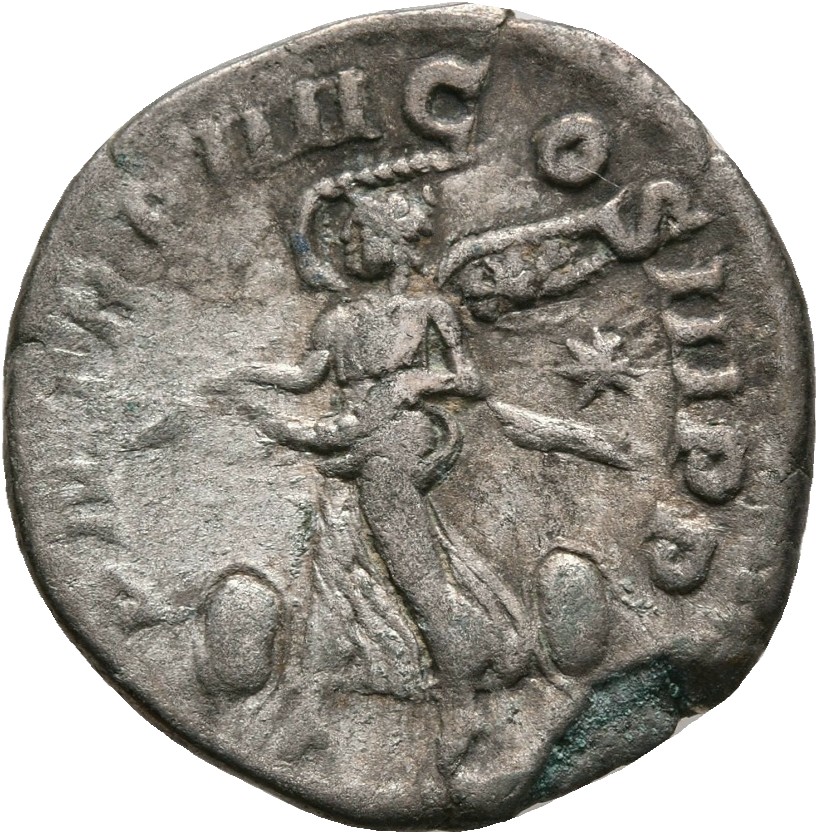 RIC IV Elagabalus 45b Elagabalus reverse, Victory, winged, draped, flying right, holding diadem (or garland) with both han...