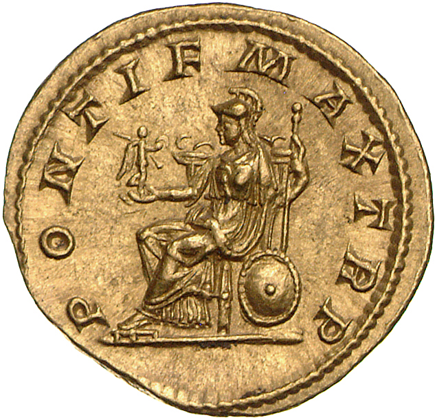 RIC IV Elagabalus 5 Elagabalus reverse, Roma, helmeted, draped, seated left, holding Victory in extended right hand and sc...