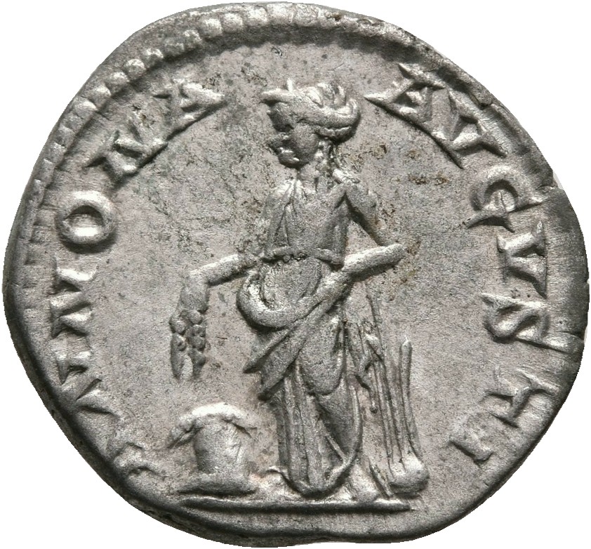RIC IV Elagabalus 59 Elagabalus reverse, Annona, draped, standing left, holding two corn-ears in right hand and resting le...