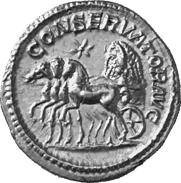RIC IV Elagabalus 61c Elagabalus reverse, Slow quadriga moving left, on which is set the conical stone of Emesa surmounted...