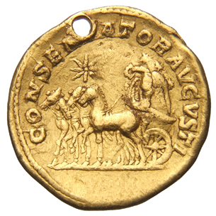 RIC IV Elagabalus 65 Elagabalus reverse, Slow quadriga moving left, on which is set the conical stone of Emesa surmounted ...