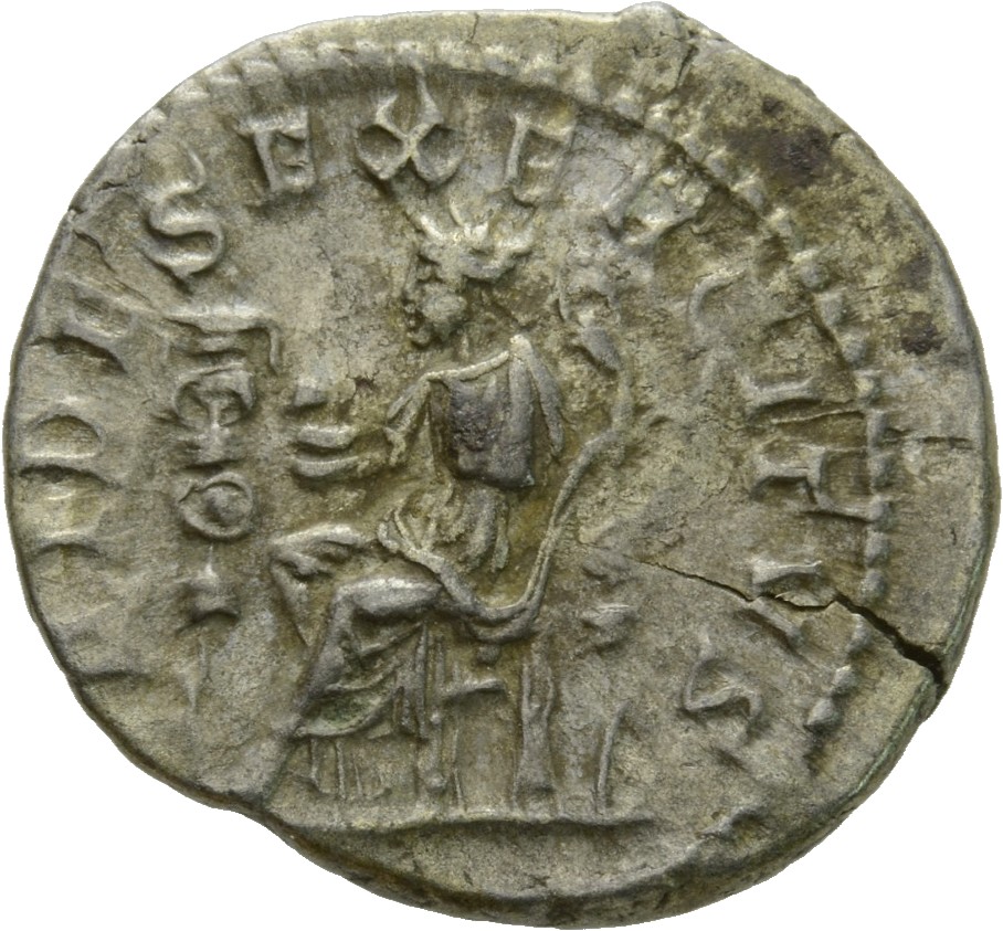 RIC IV Elagabalus 68b Elagabalus reverse, Fides, draped, seated left, holding eagle in right hand and standard in left han...