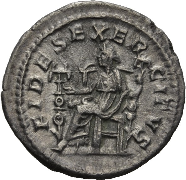 RIC IV Elagabalus 68b Elagabalus reverse, Fides, draped, seated left, holding eagle in right hand and standard in left han...