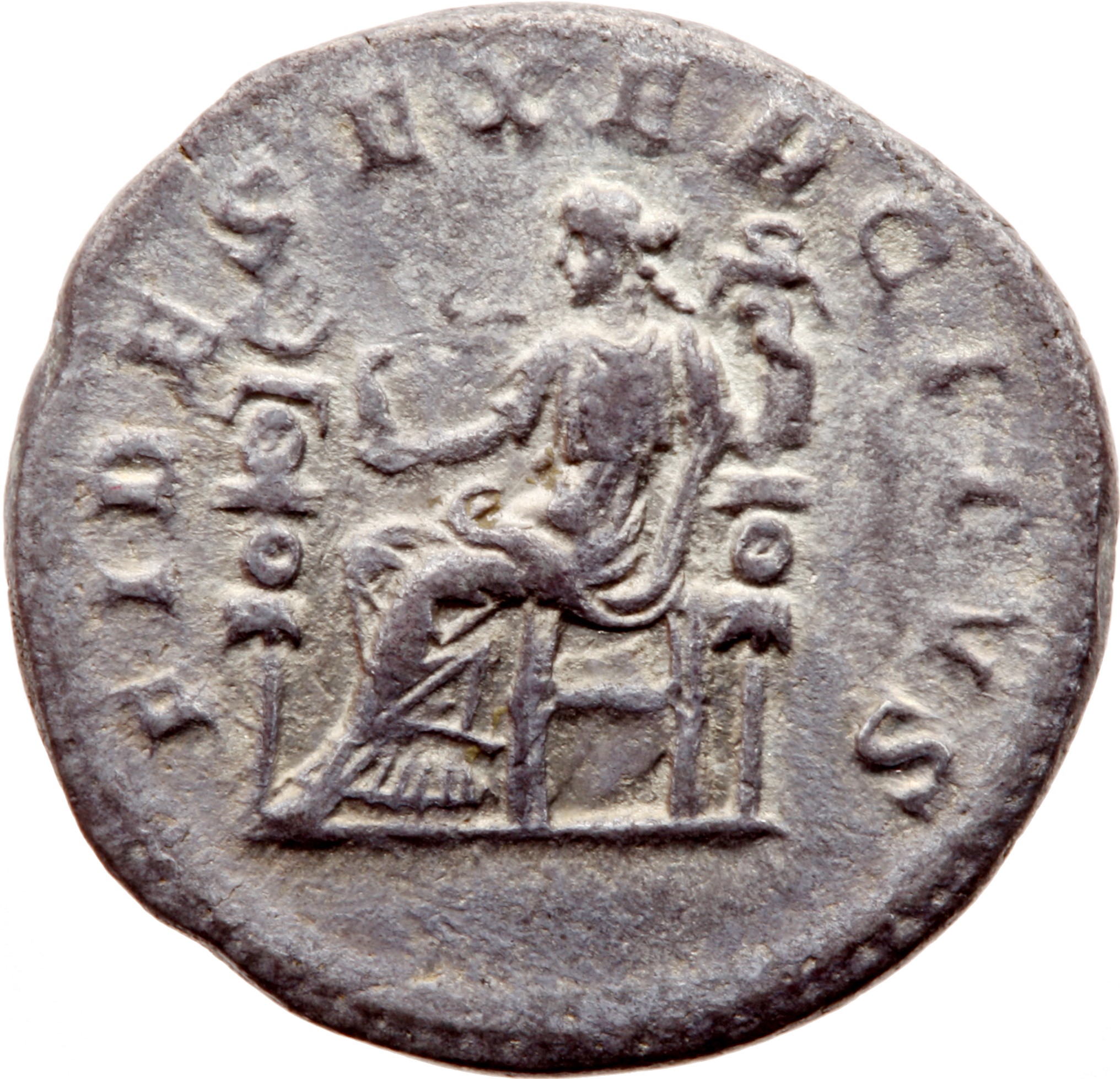 RIC IV Elagabalus 70e Elagabalus reverse, Fides, draped, seated left, holding eagle in right hand and standard in left han...