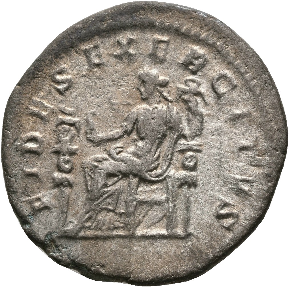 RIC IV Elagabalus 70f Elagabalus reverse, Fides, draped, seated left, holding eagle in right hand and standard in left han...