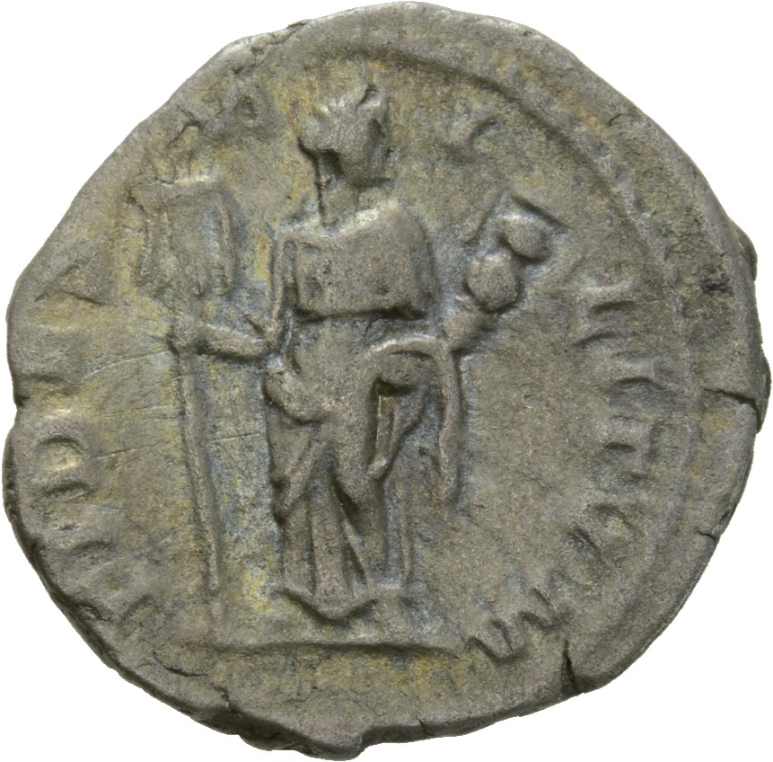 RIC IV Elagabalus 73b Elagabalus reverse, Fides, draped, standing front, head right, holding standard in right hand and ve...