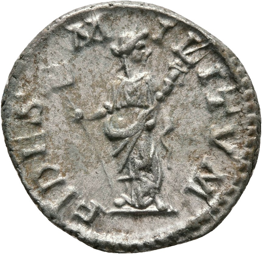 RIC IV Elagabalus 73d Elagabalus reverse, Fides, draped, standing front, head right, holding standard in right hand and ve...