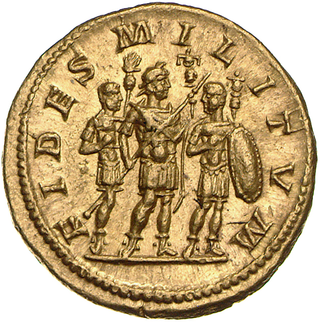 RIC IV Elagabalus 76d Elagabalus reverse, Elagabalus, laureate, in military attire, walking, carrying transverse spear; in...