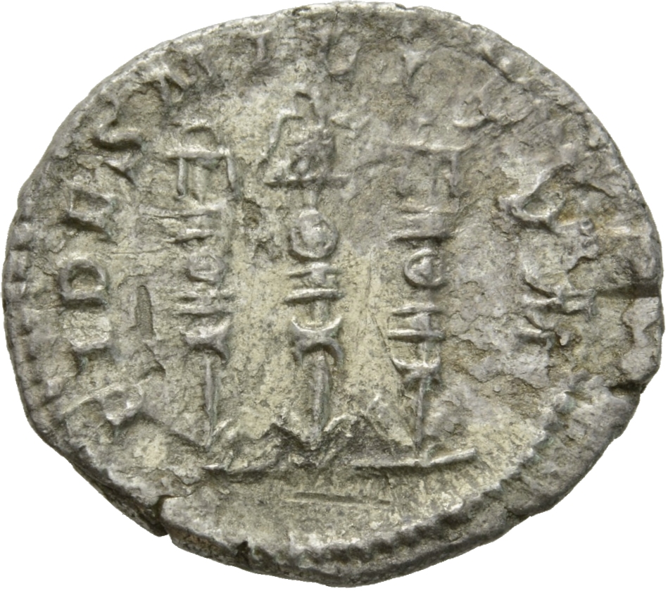 RIC IV Elagabalus 78 Elagabalus reverse, Legionary eagle perched between two standards with one or two shields at the foot...