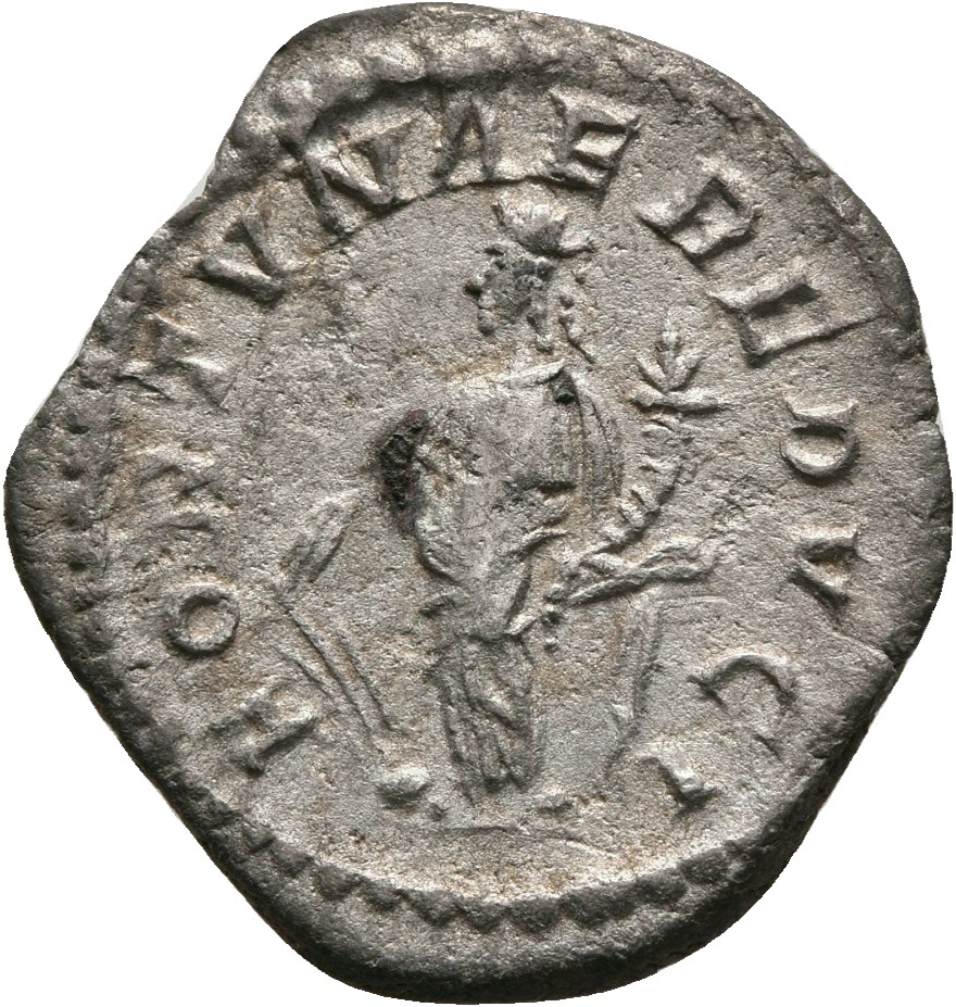 RIC IV Elagabalus 83A Elagabalus reverse, Fortuna, draped, standing left, holding rudder set on globe in right hand and co...