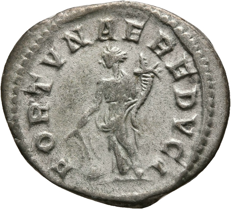 RIC IV Elagabalus 83A Elagabalus reverse, Fortuna, draped, standing left, holding rudder set on globe in right hand and co...
