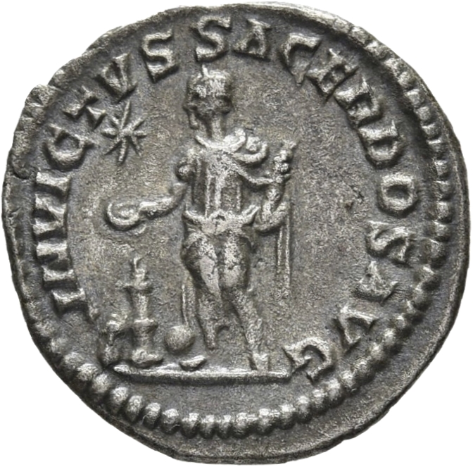 RIC IV Elagabalus 88b Elagabalus reverse, Elagabalus, in Syrian priestly robes, standing left, sacrificing out of patera i...
