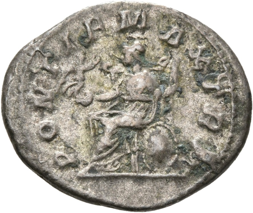 RIC IV Elagabalus 8b Elagabalus reverse, Roma, helmeted, draped, seated left, holding Victory in extended right hand and s...