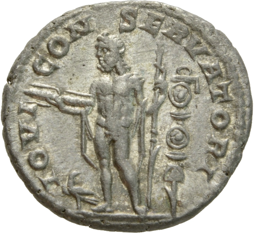 RIC IV Elagabalus 91b Elagabalus reverse, Jupiter, naked with mantle behind, standing left, holding thunderbolt in right h...