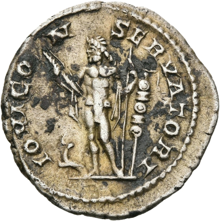 RIC IV Elagabalus 91b Elagabalus reverse, Jupiter, naked with mantle behind, standing left, holding thunderbolt in right h...