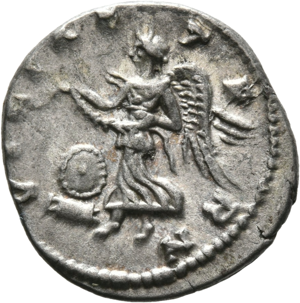 RIC IV Geta 101 Geta reverse, Victory, winged, draped, flying right, holding wreath in both hands over shield set on low base