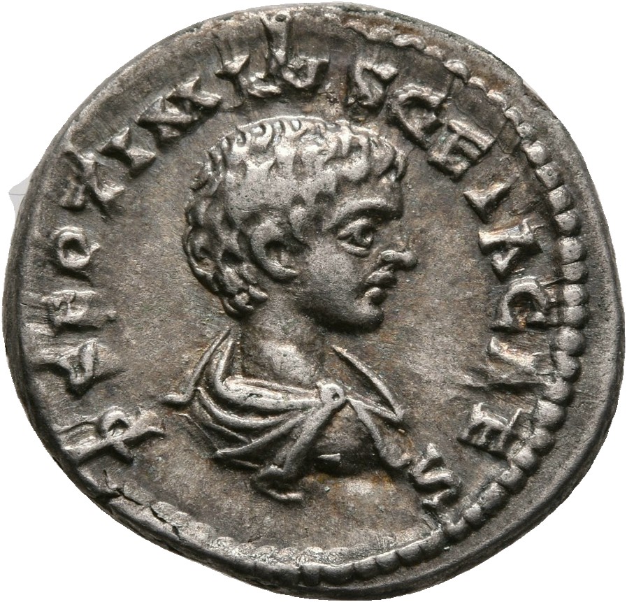 RIC IV Geta 103 (denarius) Geta obverse, Bust of Geta, bare-headed, draped, right