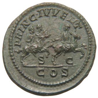 Septimius Severus reverse — Septimius Severus, Caracalla, and Geta galloping right
