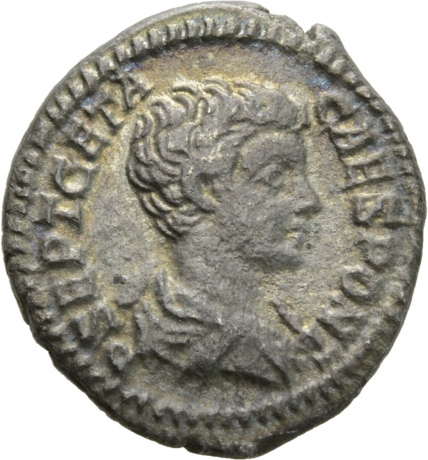 RIC IV Geta 13a (denarius) Geta obverse, Bust of Geta, bare-headed, draped, cuirassed (?), right