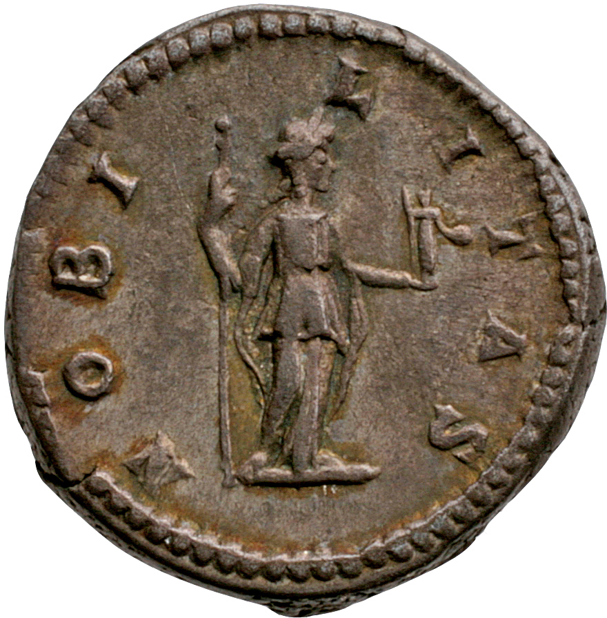 Septimius Severus reverse — Nobilitas, draped, standing right, holding sceptre in right hand and palladium in extended left hand