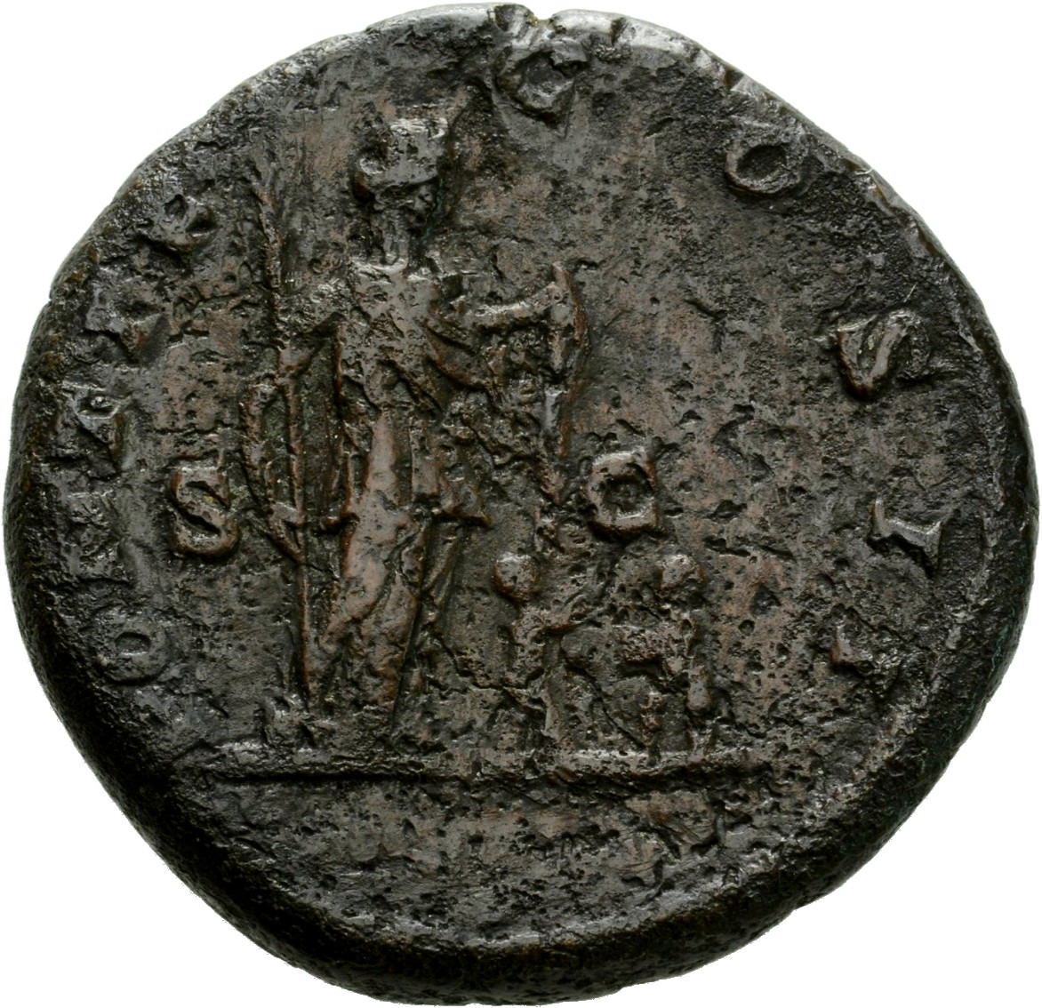 Septimius Severus reverse — Woman, standing right, holding sceptre in right hand and drawing out drapery from breast with left hand; to right, two small figures lifting hands to one another