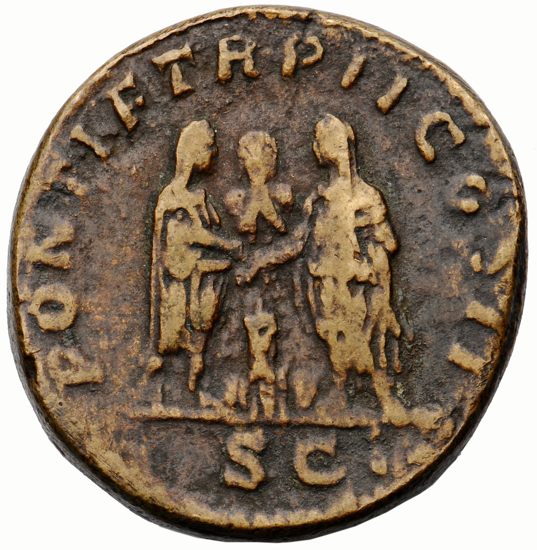 Septimius Severus reverse — Caracalla and Geta, veiled, togate, standing right and left facing each other, sacrificing out of paterae in right hands over tripod and holding batons in left hands; behind, flute player facing and victim