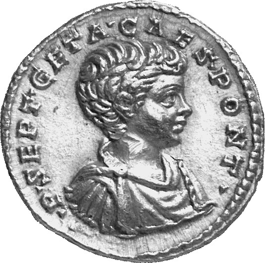 RIC IV Geta 16A Geta obverse, Bust of Geta, bare-headed, draped, cuirassed, right