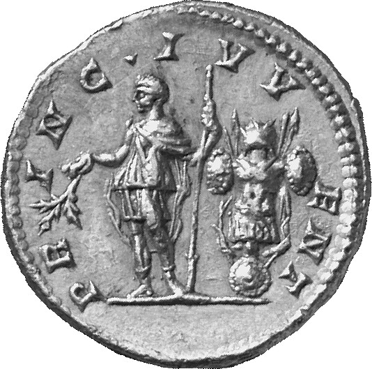 Septimius Severus reverse — Geta, in military attire, standing left, holding branch in right hand and spear in left hand; behind, trophy