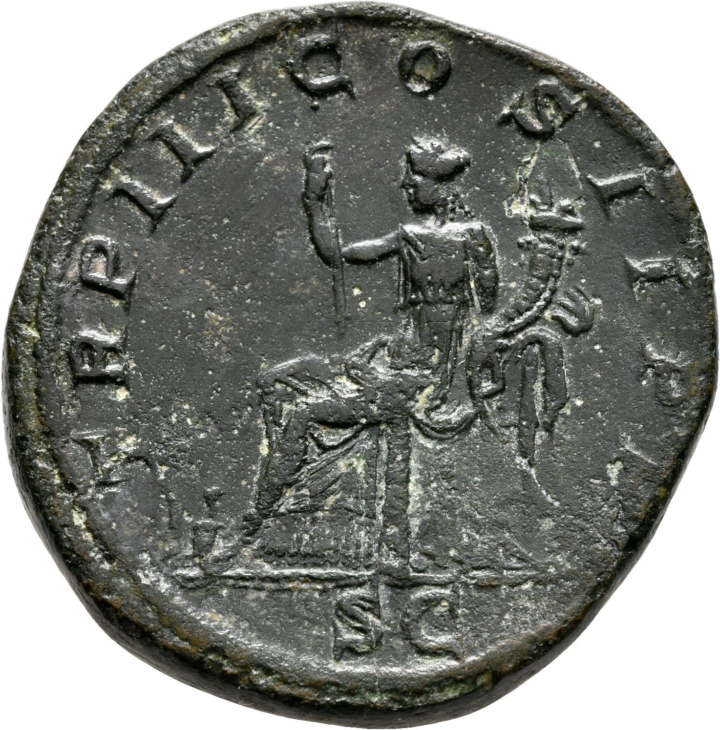 RIC IV Geta 171A Geta reverse, Woman, seated left, holding sceptre in right hand and cornucopiae in left hand; on ground, ...
