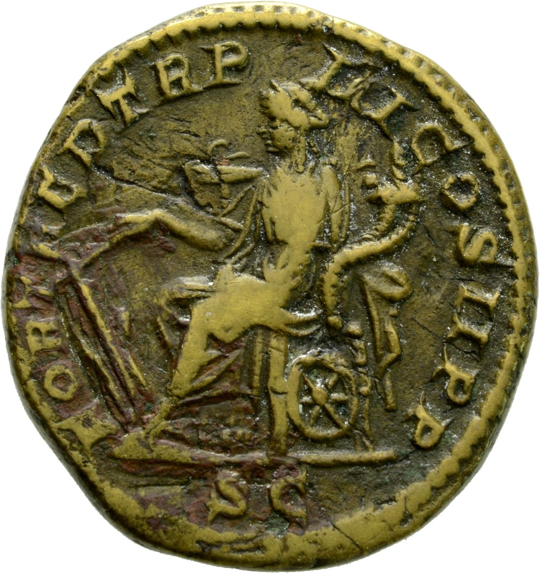 RIC IV Geta 173B Geta reverse, Fortuna, draped, seated left, holding rudder set on globe in right hand and cornucopiae in ...