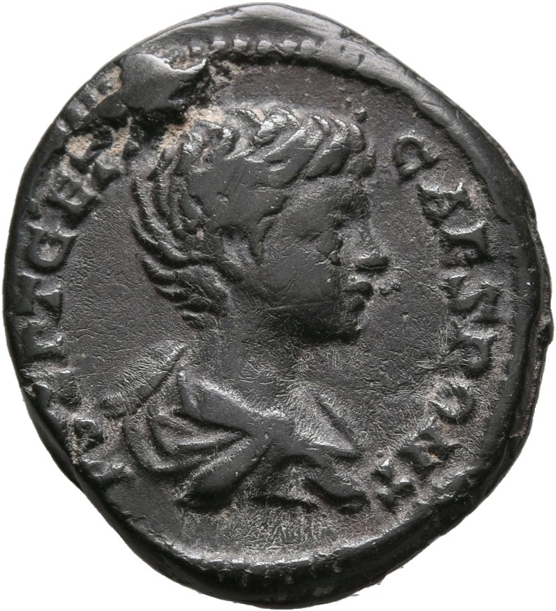 RIC IV Geta 18 Septimius Severus obverse — Bust of Geta, bare-headed, draped, right