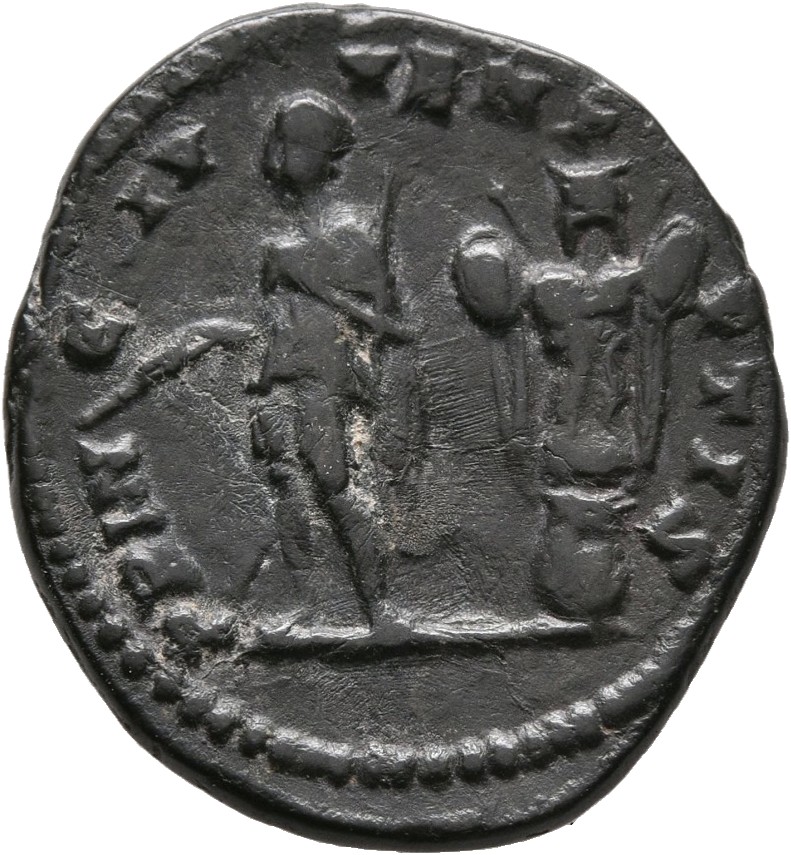RIC IV Geta 18 Septimius Severus reverse — Geta, in military attire, standing left, holding branch in right hand and spear...