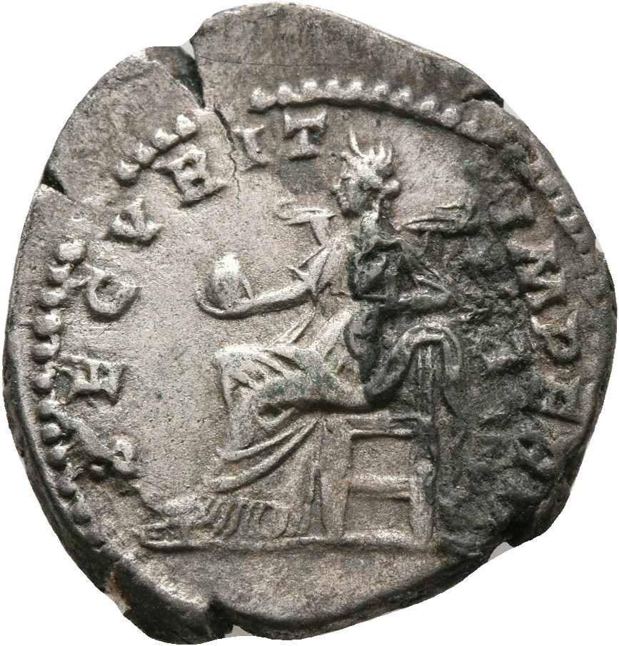 RIC IV Geta 20B (denarius) Geta reverse, Securitas, draped, seated left, holding globe in right hand, left arm resting on ...