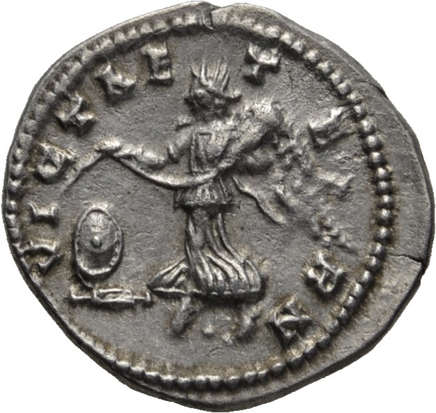 RIC IV Geta 23 Geta reverse, Victory, winged, draped, flying left, holding ribbon in both hands over shield on low base