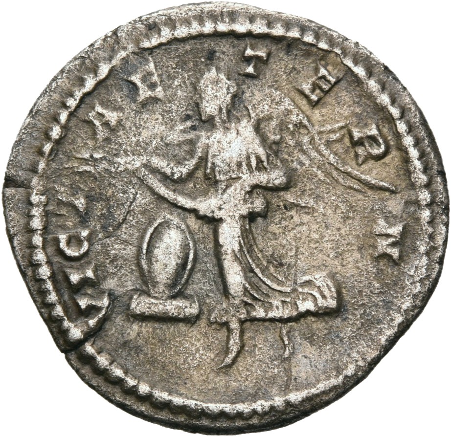 RIC IV Geta 23 Septimius Severus reverse — Victory, winged, draped, flying left, holding ribbon in both hands over shield ...
