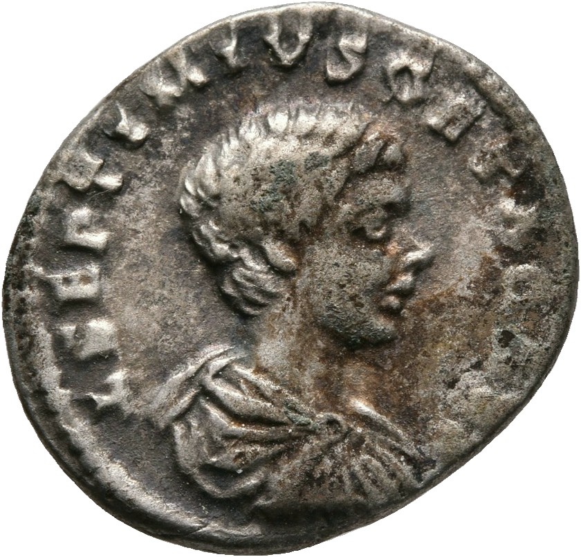 RIC IV Geta 2 (denarius) Geta obverse, Bust of Geta, bare-headed, draped, right