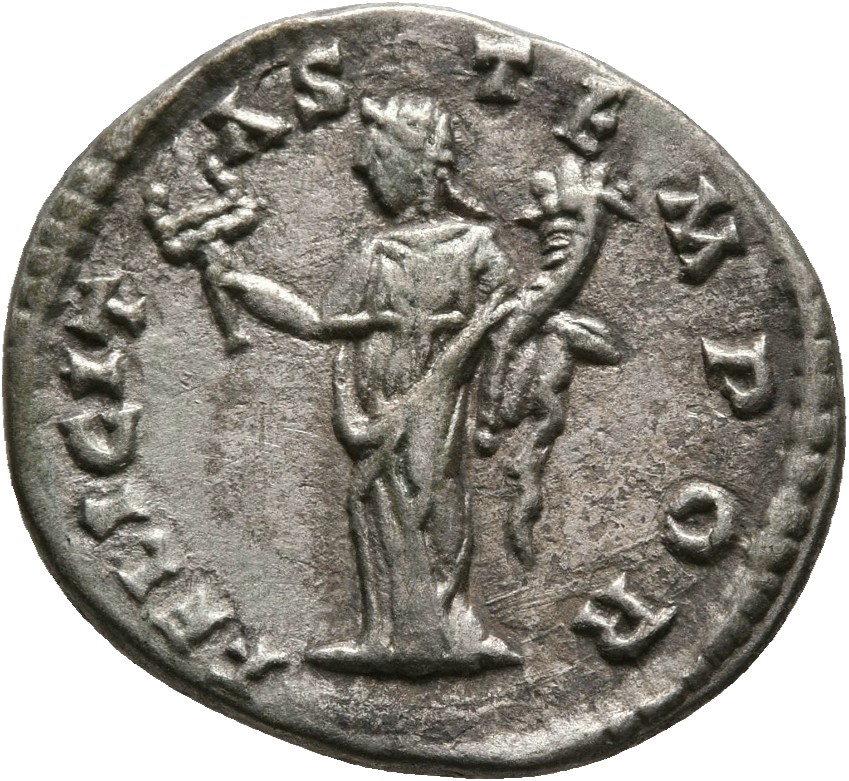 RIC IV Geta 2 (denarius) Geta reverse, Felicitas, draped, standing left, holding caduceus in right hand and cornucopiae in...